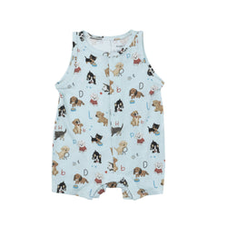 Bamboo Shortie Romper - Puppy Alphabet Blue