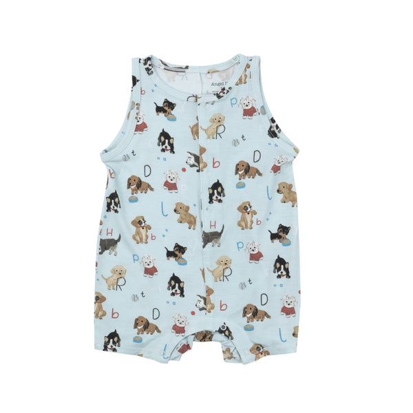 Bamboo Shortie Romper - Puppy Alphabet Blue