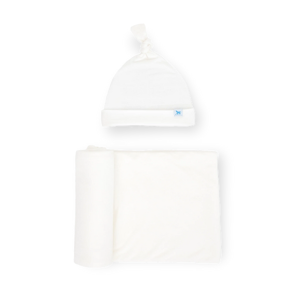 Stretch Knit Swaddle Set with Hat - White