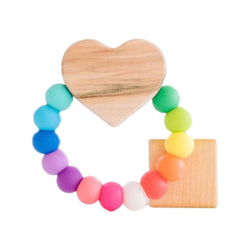 Heart Charm Silicone + Wood Teether - Rainbow